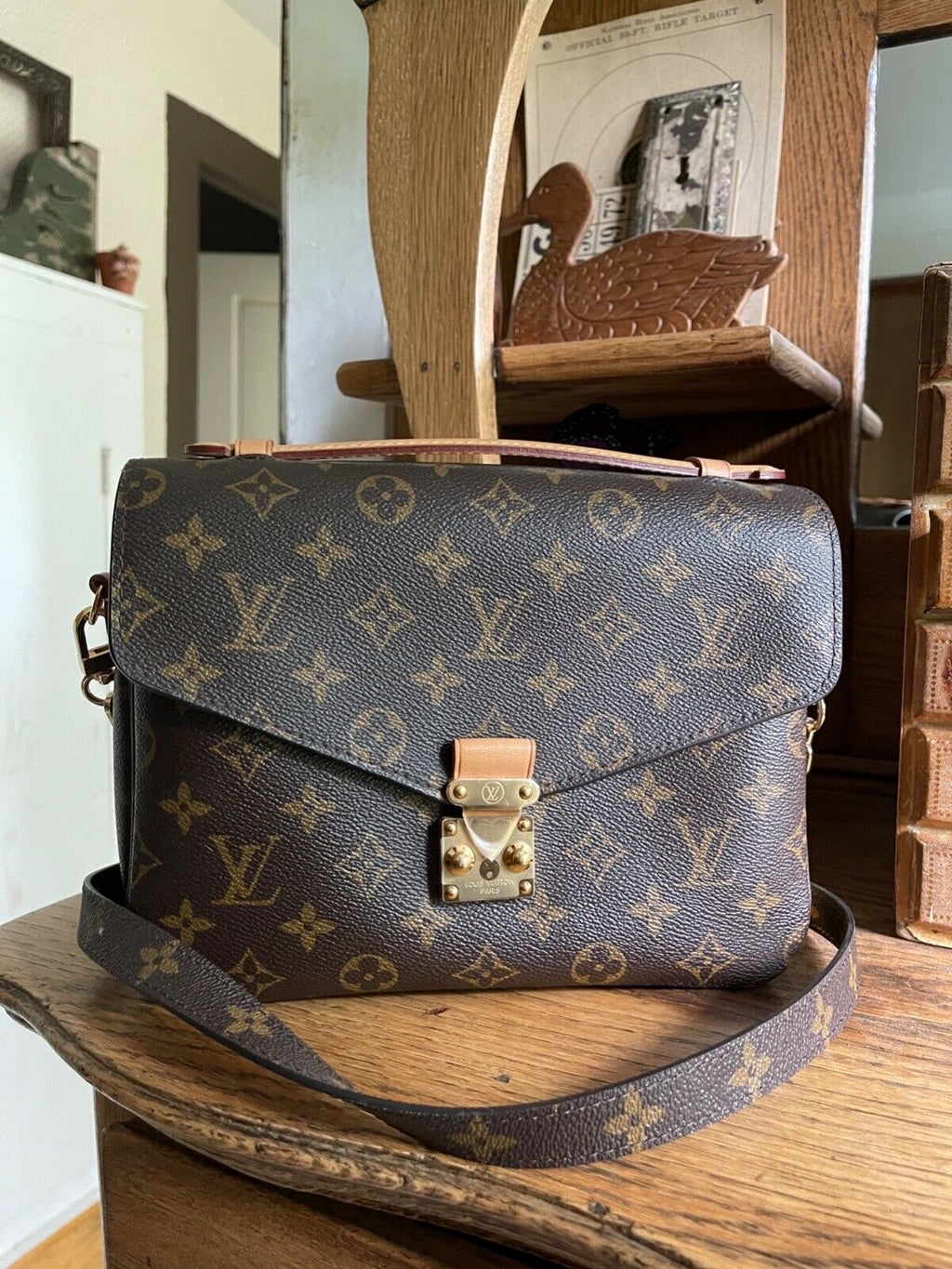 Handmade Leather Handbag Monogram Pochette Metis in Brown