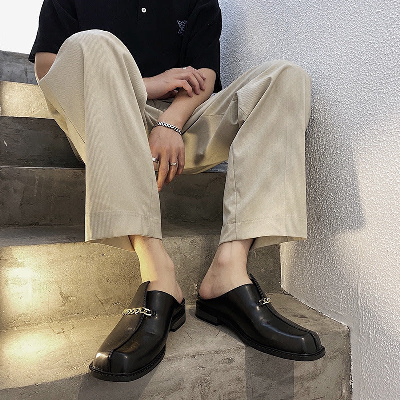 Summer square toe toe half slippers metal chain slip-on leather shoes