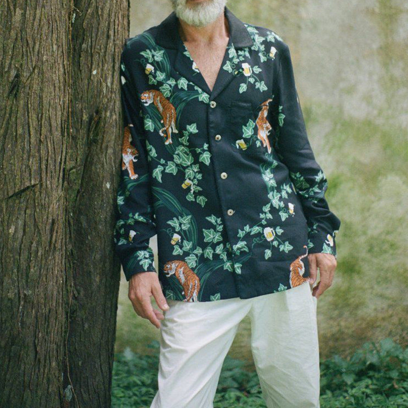 Long Sleeve Slim Fit Printed Long Shirt Men's Flower Shirt