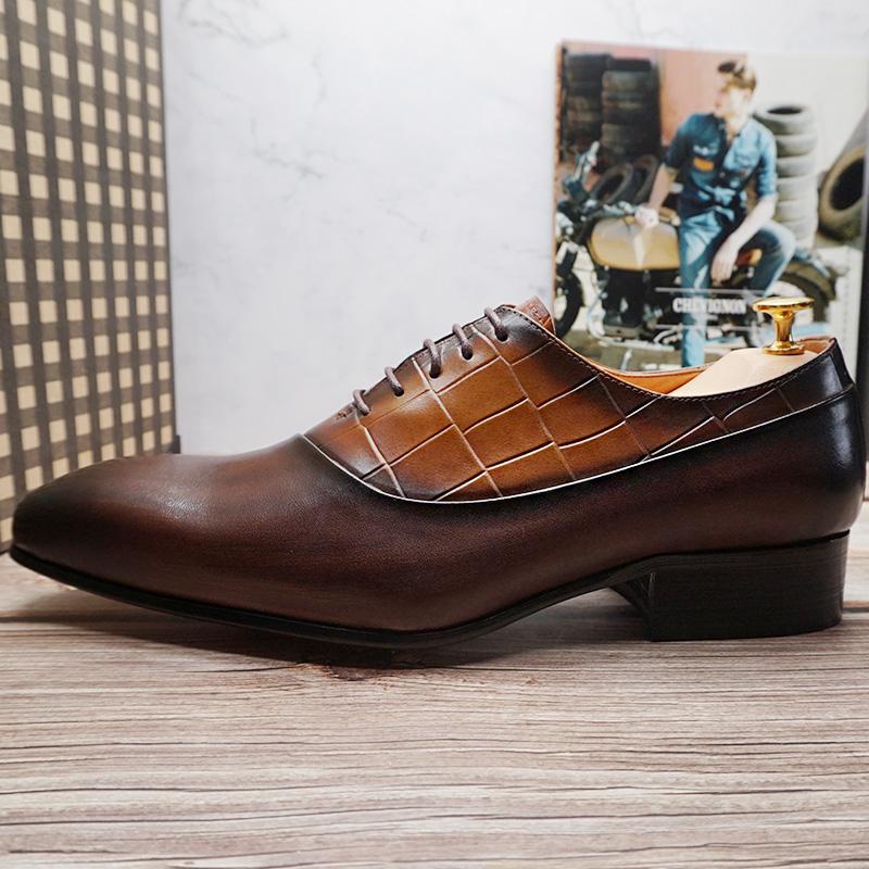 Luxury man Oxford Genuine Leather Men Dress Shoes Black Brown Lace Up Pointed Toe Crocodile Prints Wedding Office Formal Shoes