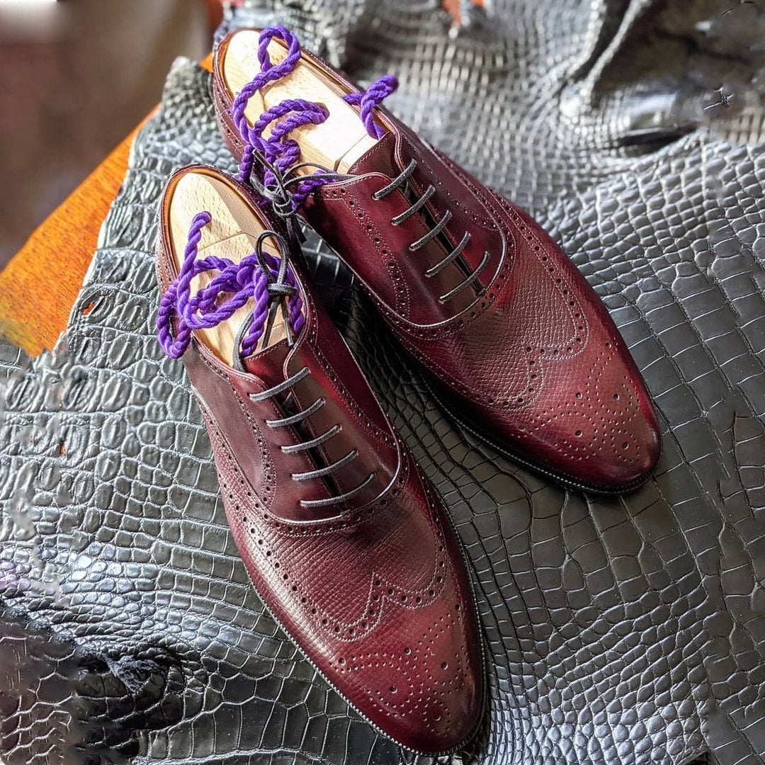 Red handmade brogue pattern men's oxford shoes