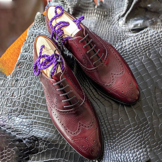 Red handmade brogue pattern men's oxford shoes