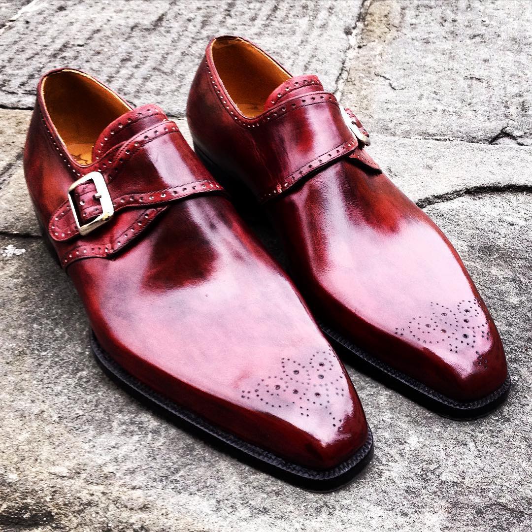 Red classic dress flower carved single buckle monk leather shoes